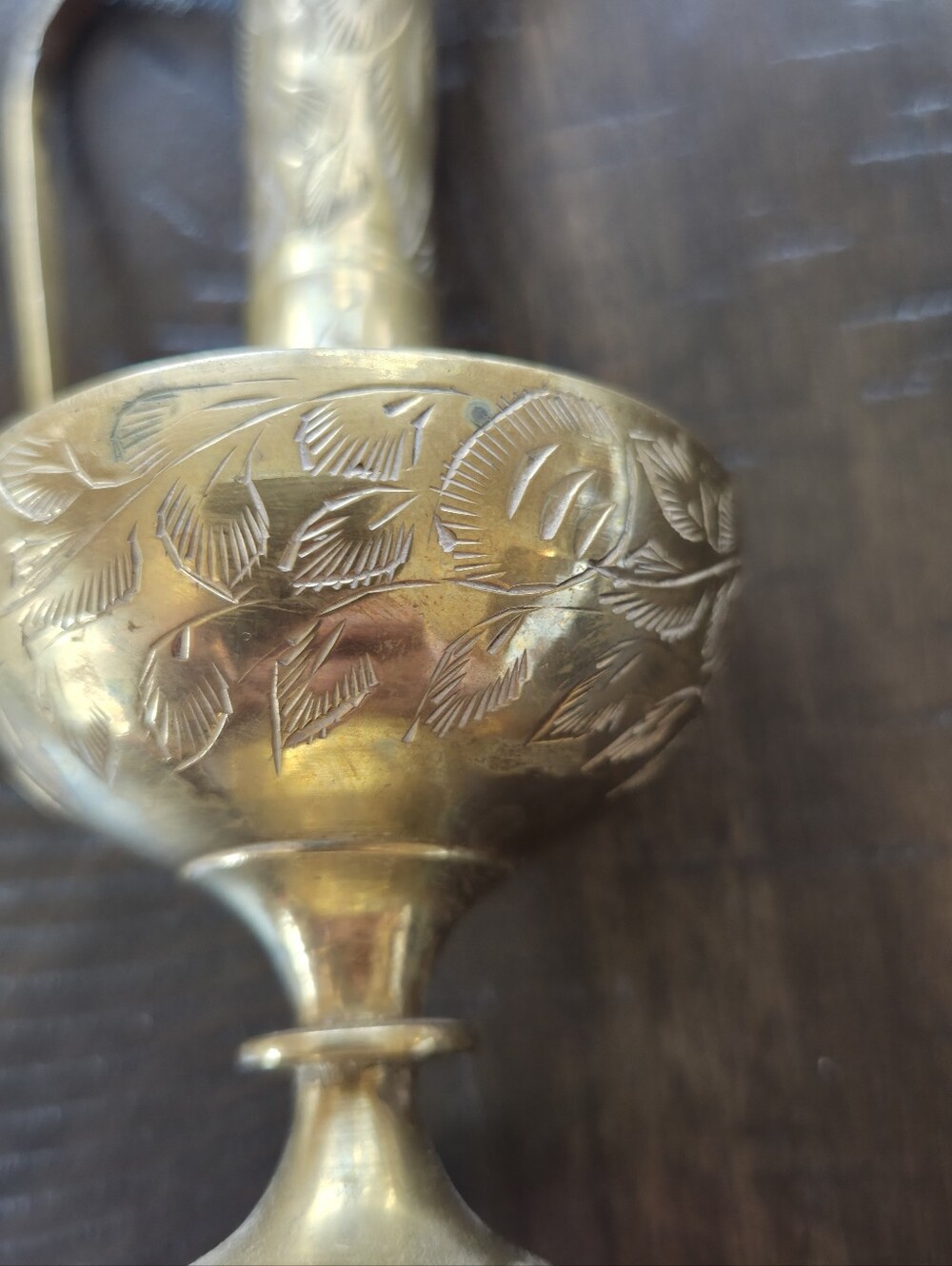Vintage Etched Brass Pitcher India - Ornate Floral Footed Ewer Vase - Picture 2 of 12